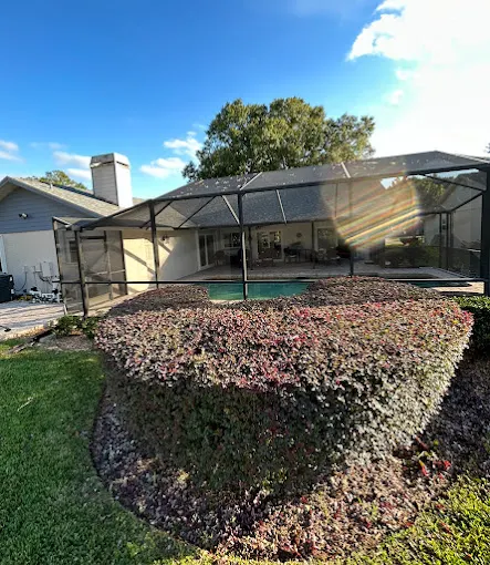 Sculpted hedge row framing a screened pool enclosure